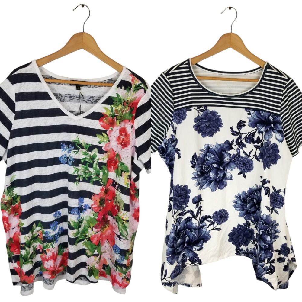 DG2 by Diane Gilman Lot of 2 Floral Striped Women's T-Shirts Size 1X